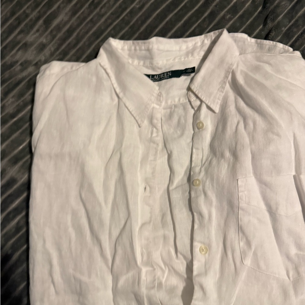 Ralph Lauren White Linen Button‑Down Shirt with Dark Green Label - Picture 3 of 4
